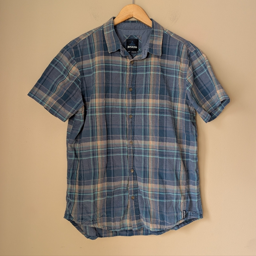 Prana Men's Blue and Tan Plaid Shirt
